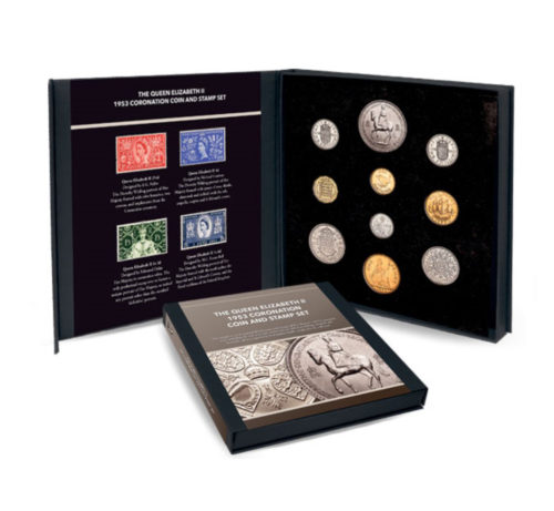 The QEII 1953 Coronation Coin and Stamp Set