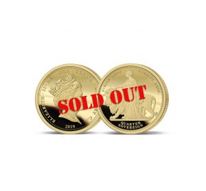 Image of the Queen Victoria 200th Anniversary Gold Quarter Sovereign with SOLD OUT across the coins