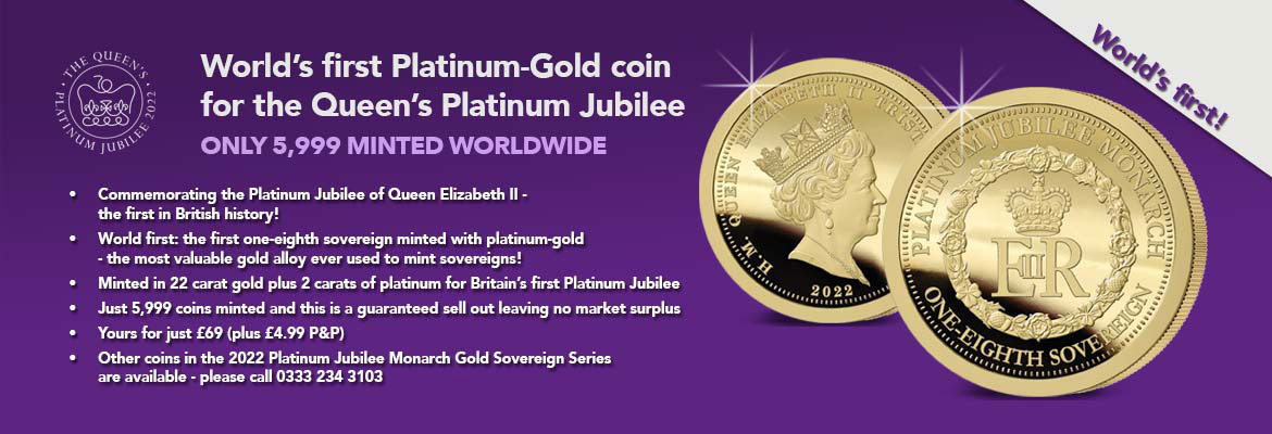 2022 Platinum Jubilee Monarch Platinum-Gold One Eighth Sovereign Banner Desktop
