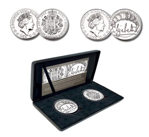 Queen Elizabeth II Cypher and Signature Five Pound Crown Set