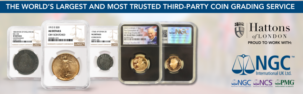 A banner showcasing some examples on NGC graded coins, featuring the Hattons Logo and the NGC logo