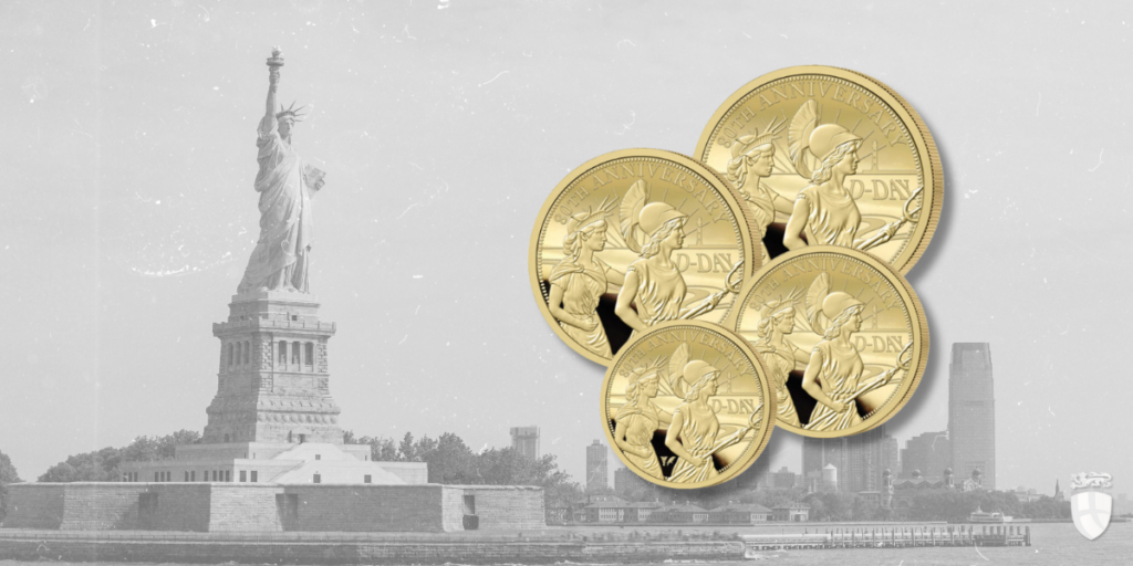 2024 D-Day 80th Anniversary Gold Coins on a black and whire background depicting the Statue of Liberty