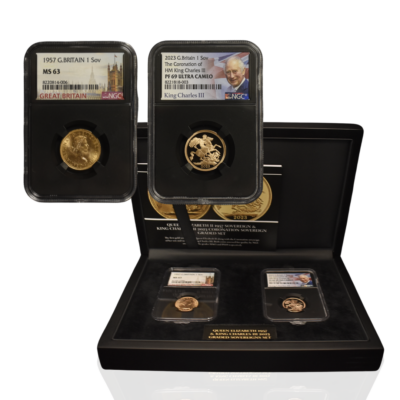 The 1957 Sovereign Graded MS63 & 2023 Coronation of His Majesty King Charles III Gold Proof Sovereign Graded PF69 Set