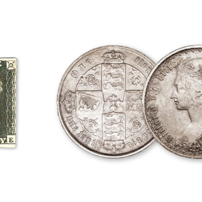 The Queen Victoria Iconic Portrait Set:  The Penny Black Stamp and Gothic Florin